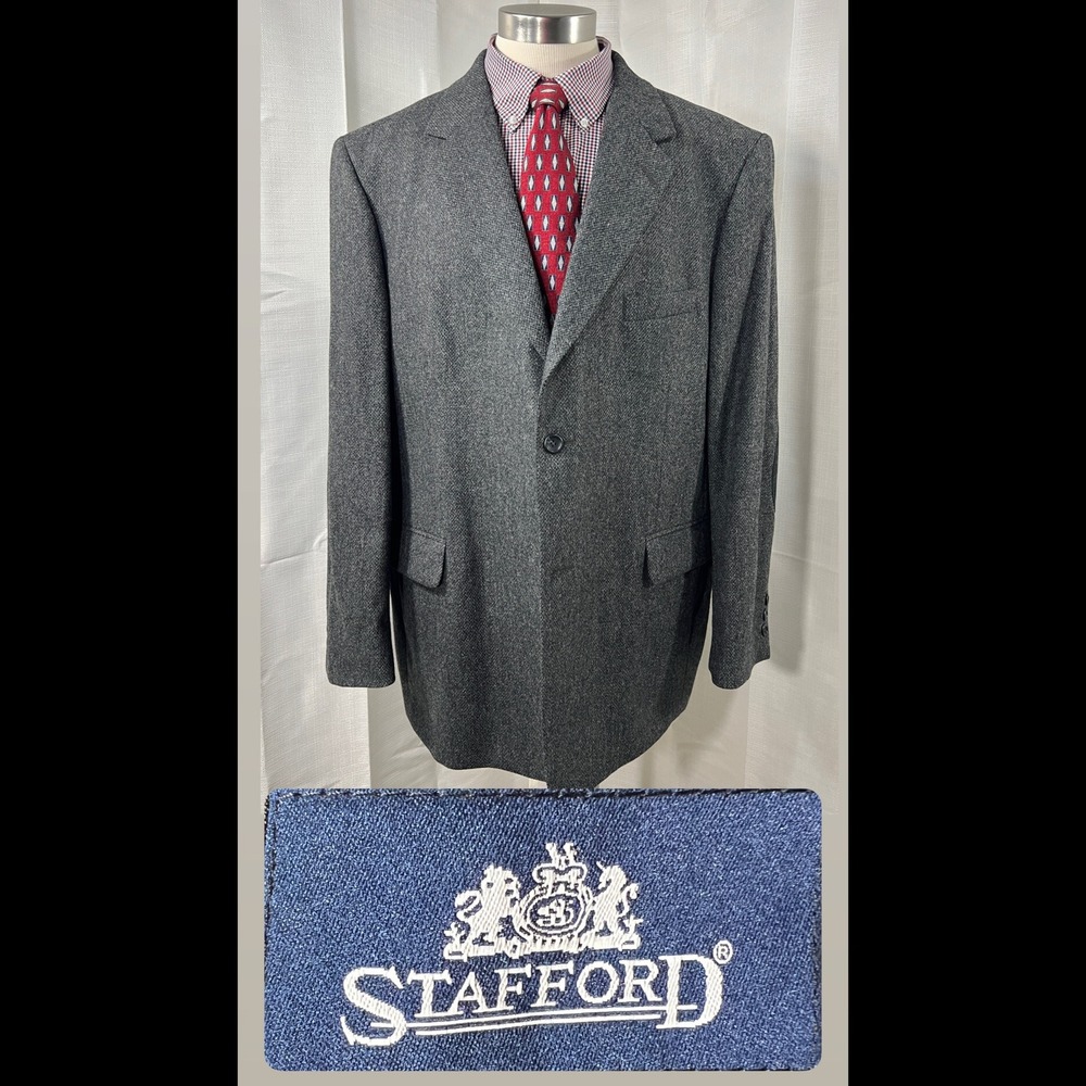 Stafford Mens 48R Wool Lambswool Herringbone Blazer Grey Suede Elbow Patch